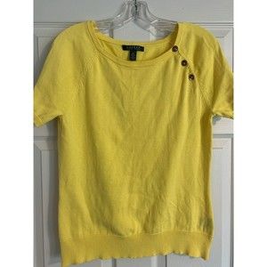 LAUREN Ralph Lauren Yellow Short Sleeve Knit Gold Buttons Large